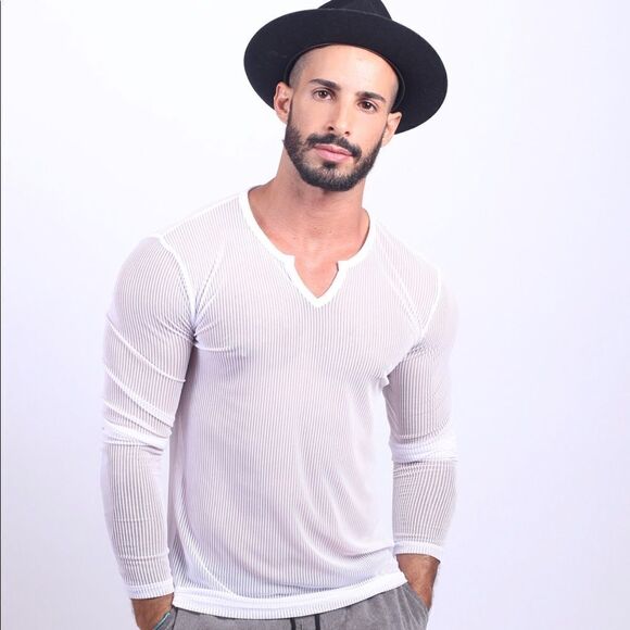 🔥🔥 MENS WHITE RIBBED SEE THROUGH LONG SLEEVE 🔥 - Picture 1 of 2